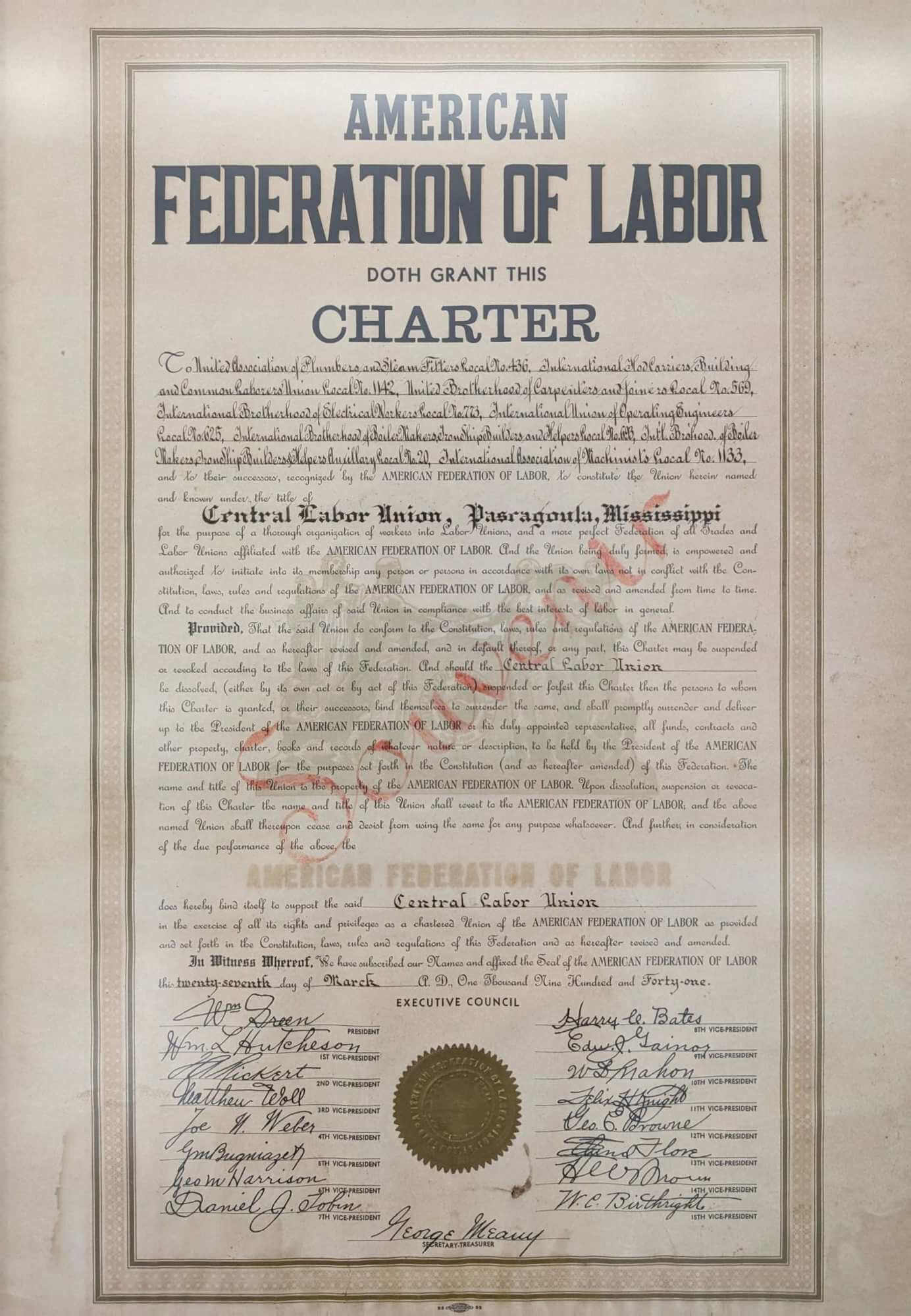 AFL-CIO Charter from 1941